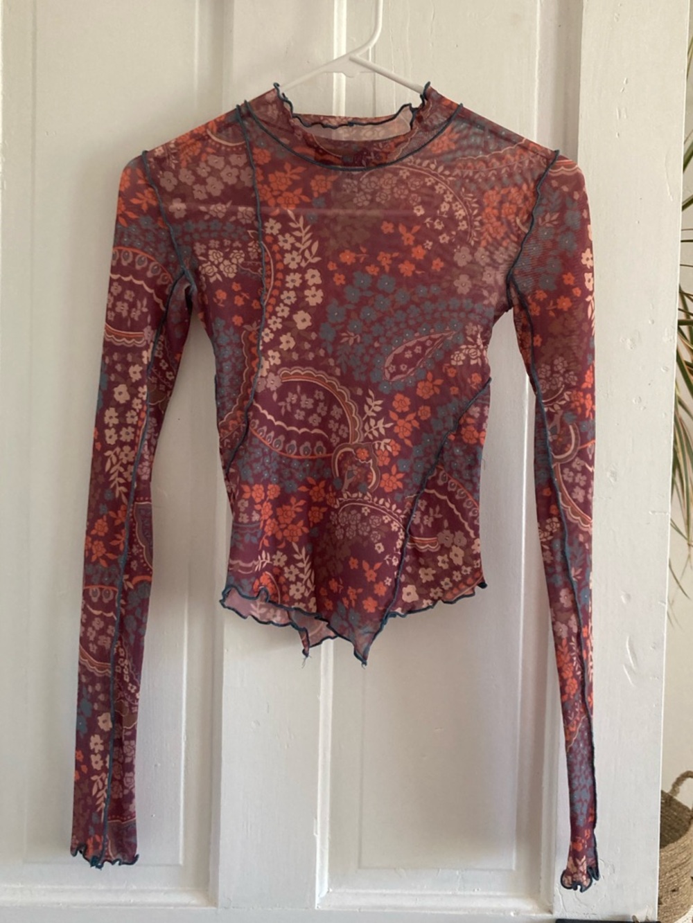 Urban Outfitters Burgundy Paisley Sheer Long-Sleeve Mesh Top XS
